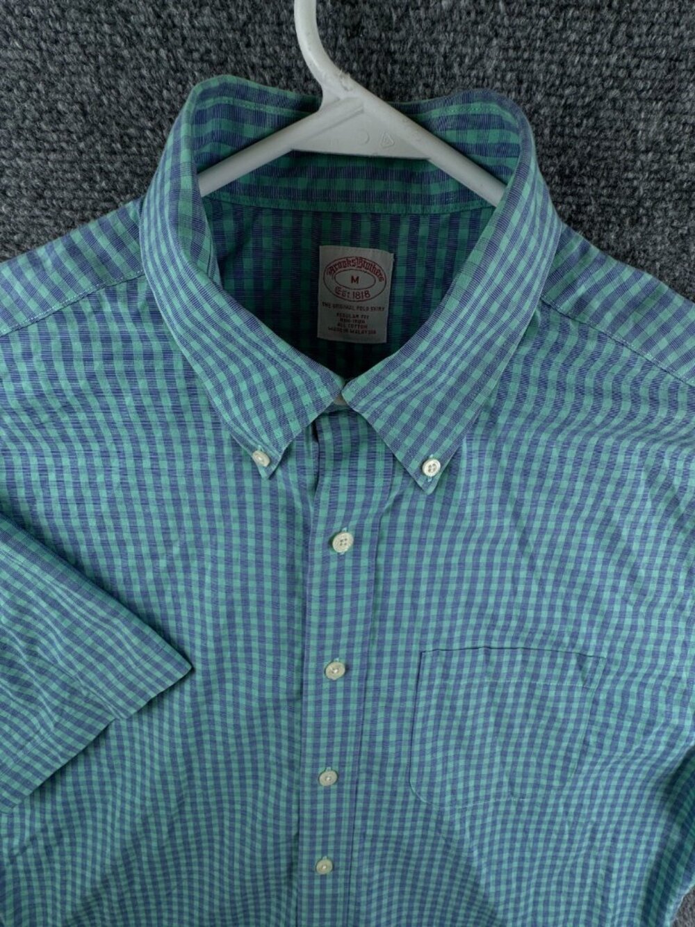 Brooks Brothers Short Sleeve Button Up Shirt Men Cotton Purple Green Medium Reg